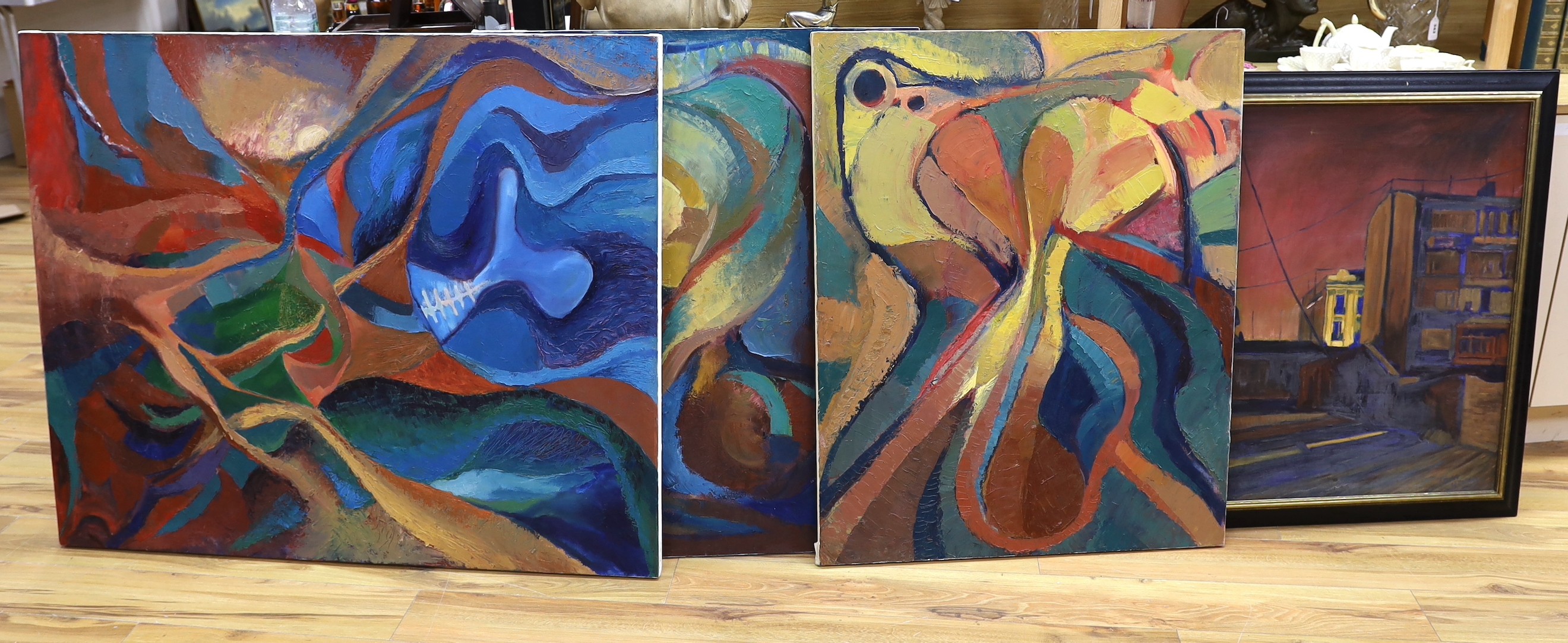 Tom Young, three oils on canvas, Abstracts, and a street scene, signed or inscribed, largest 120 x 100cm, three unframed